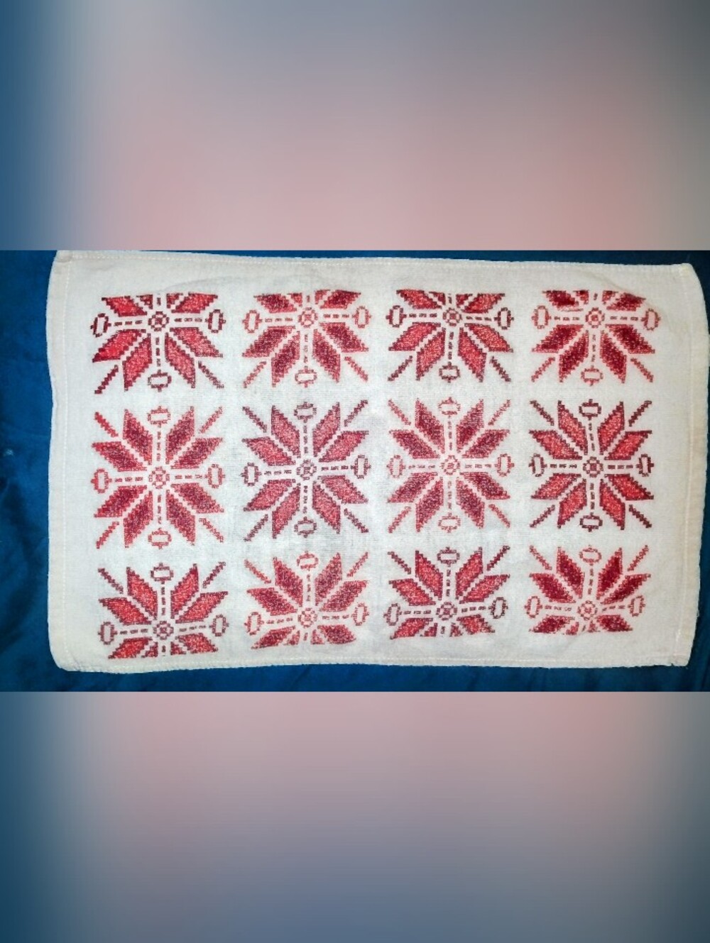 Vintage Red Machine Embroidered Scandinavian Towel 21x14